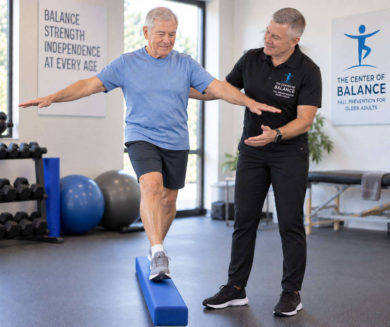 Older male client practicing dynamic balance on a foam beam with Gordon nearby